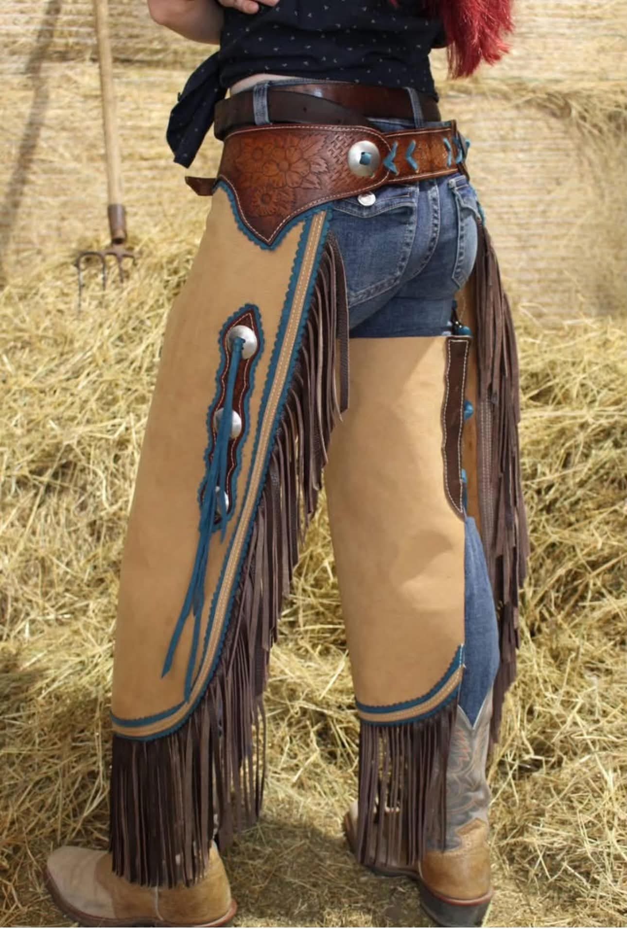 Buckskin show chaps with turquoise trim, silver conchos and chocolate fringe